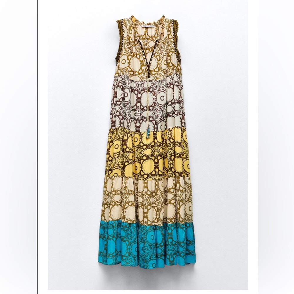 Zara Cotton and Crochet Multicolored Midi dress Sz M - NWOT